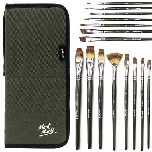 Mont Marte Signature Paint Brush Set - Artist Brushes In Easel Wallet 17pc