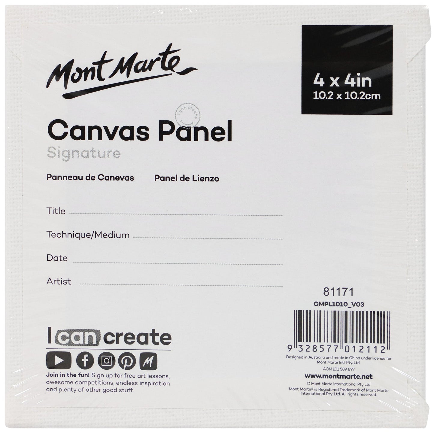 Mont Marte Signature Canvas Panel 4" x 4" - 10.2 x 10.2cm - Pk5