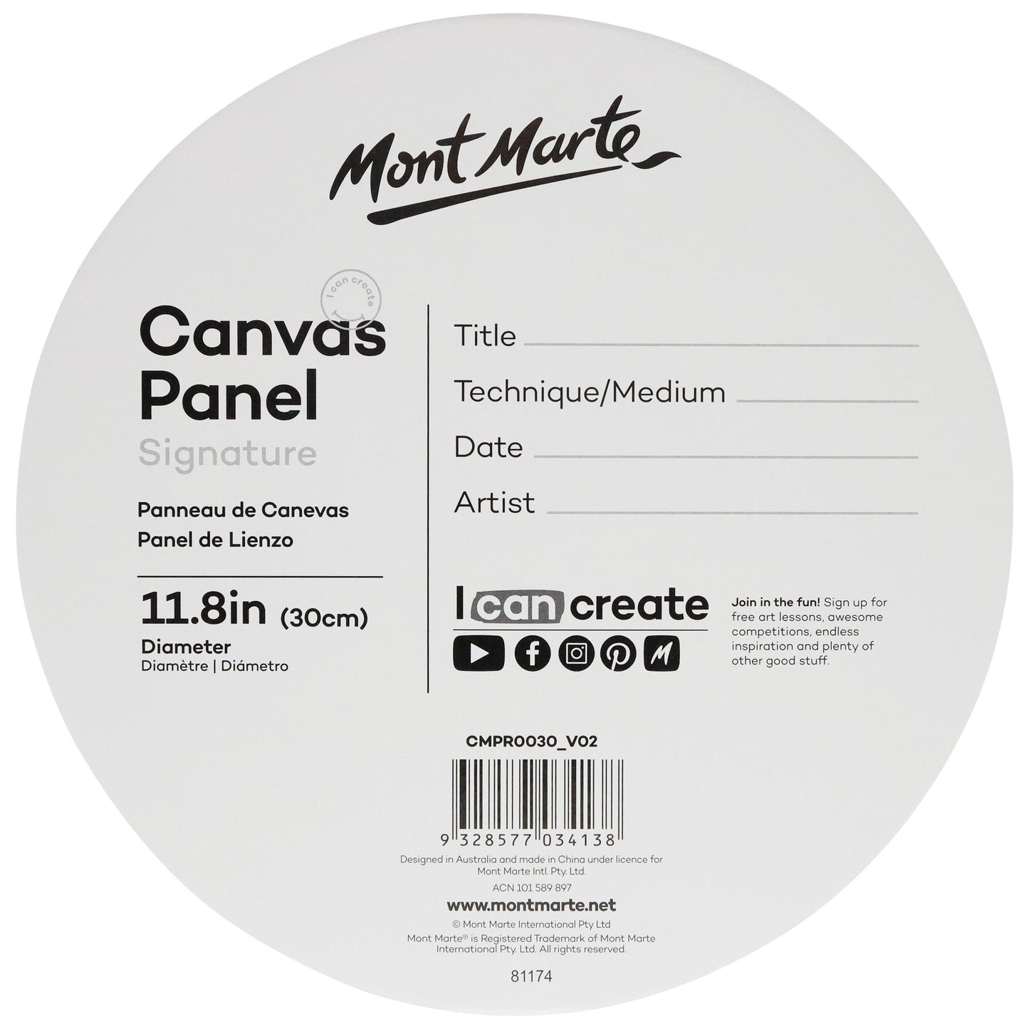 Mont Marte Canvas Panels Round 30cm Pk2