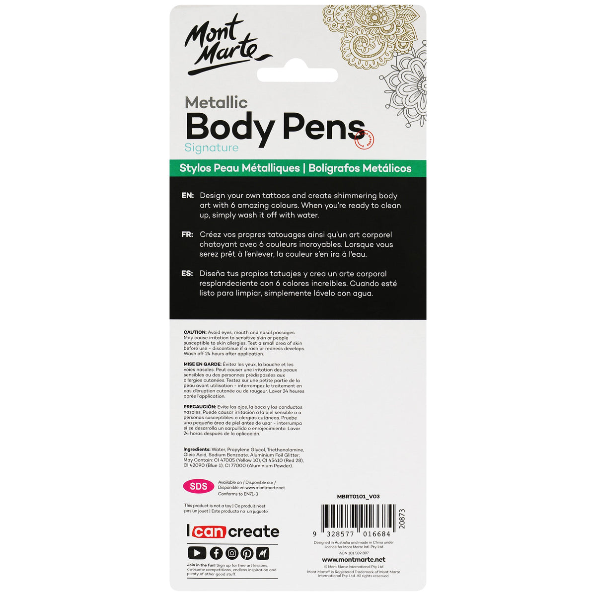 Mont Marte Face n Body Metallic Body Art Pens 6pc