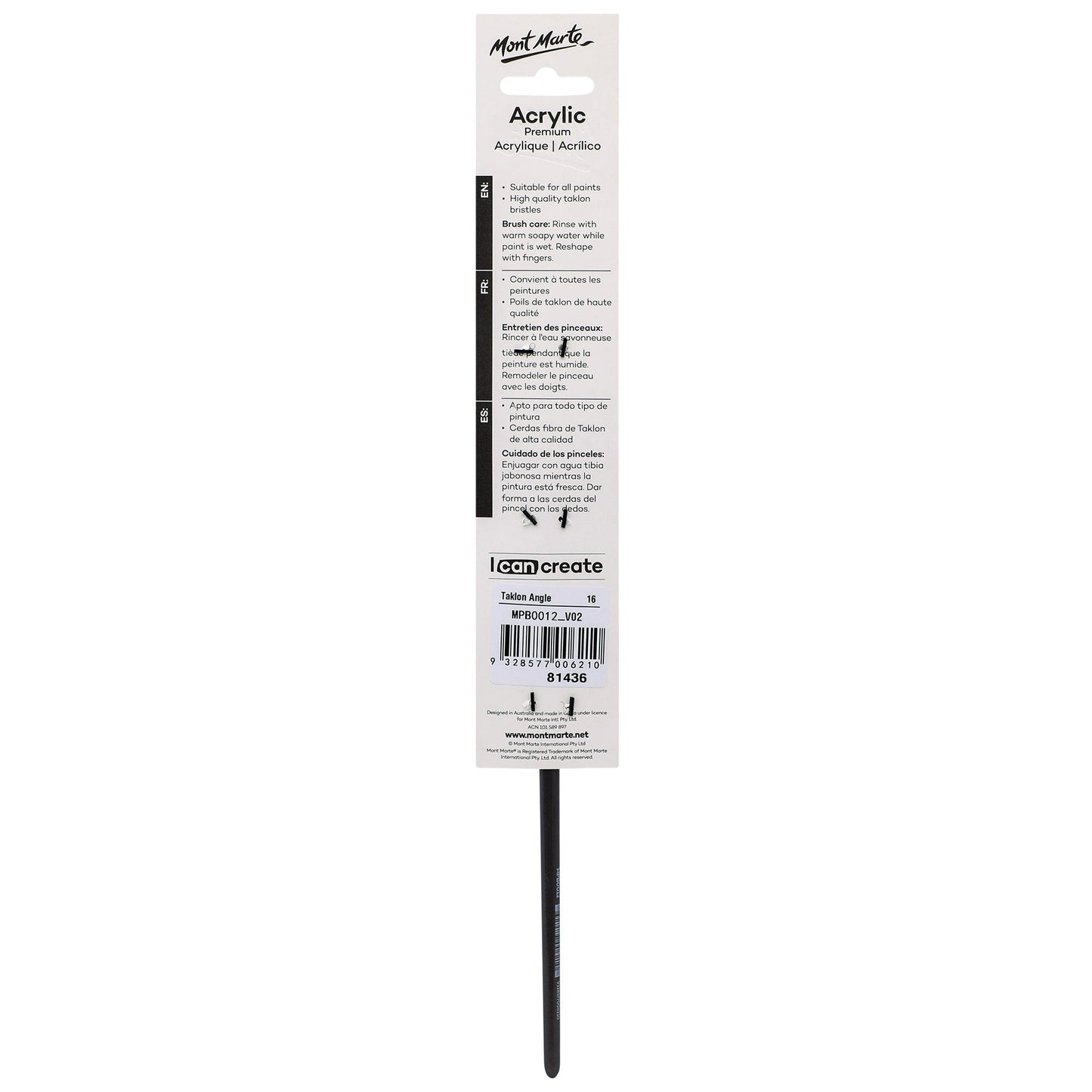 Mont Marte Artist Brush Acrylic Taklon Angle 16