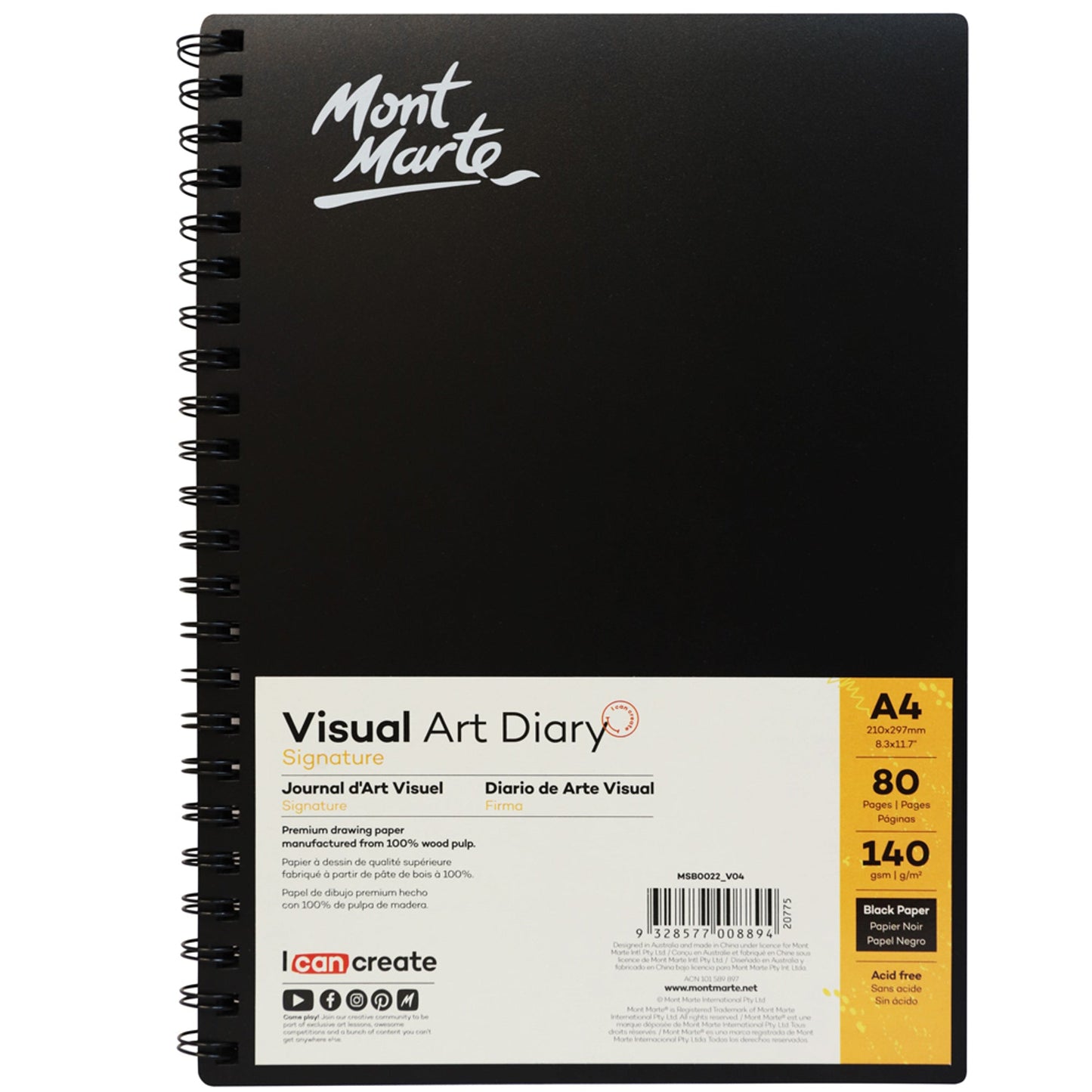 Mont Marte Visual Art Diary Spiral Bound Black Paper A4 140gsm 80 Sheet