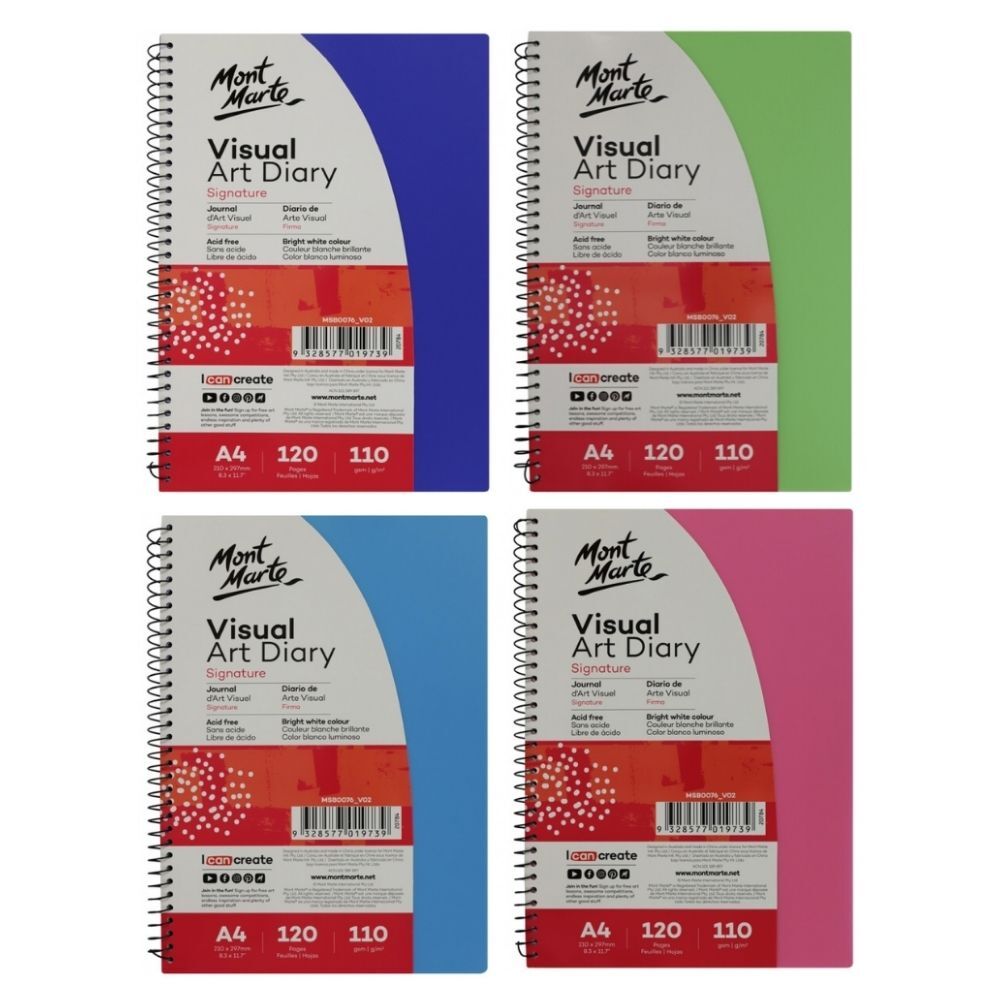 Mont Marte Visual Art Diary Colour Cover White Paper A4 110gsm 120 Pages