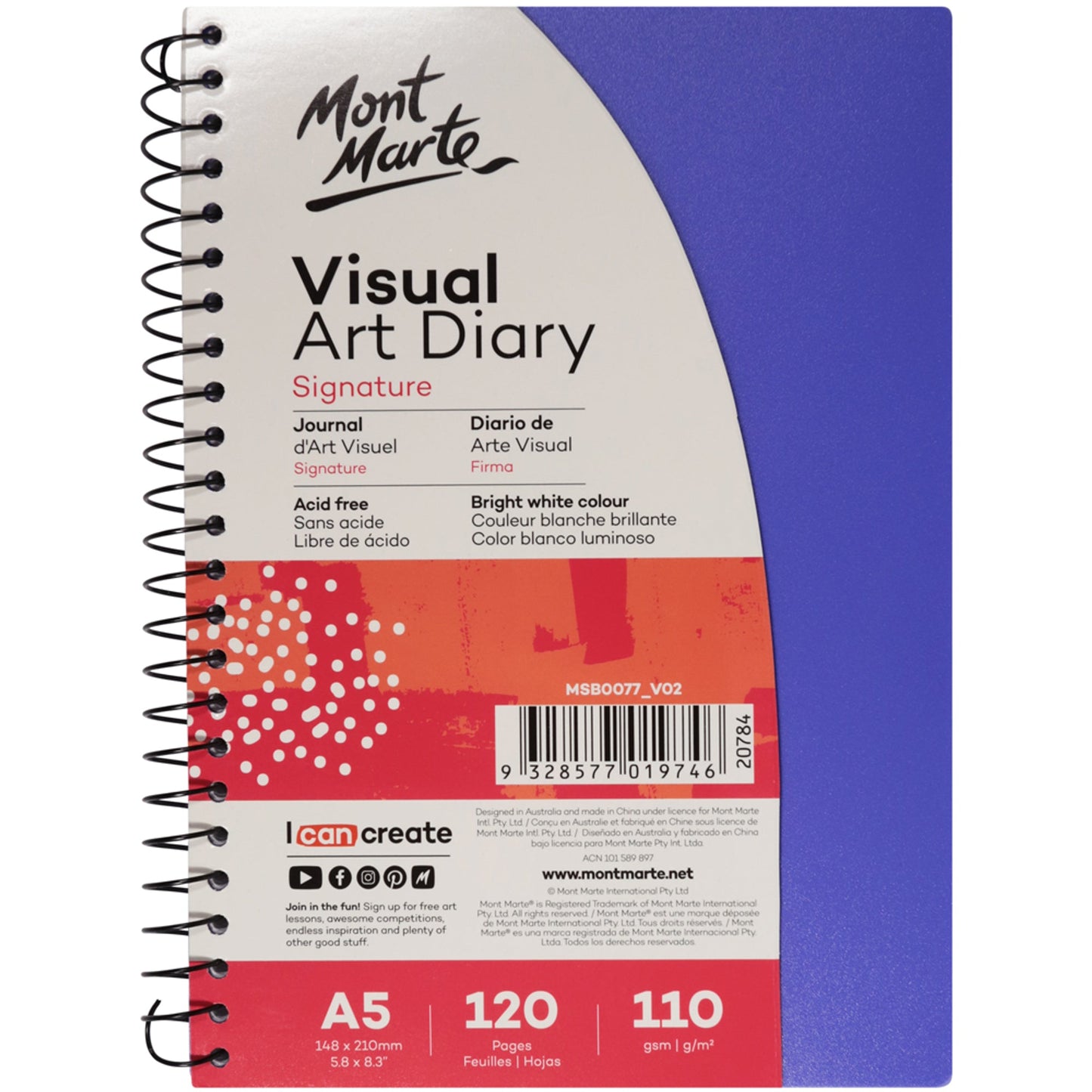 Mont Marte Visual Art Diary Colour Cover White Paper A5 110gsm 120 Pages