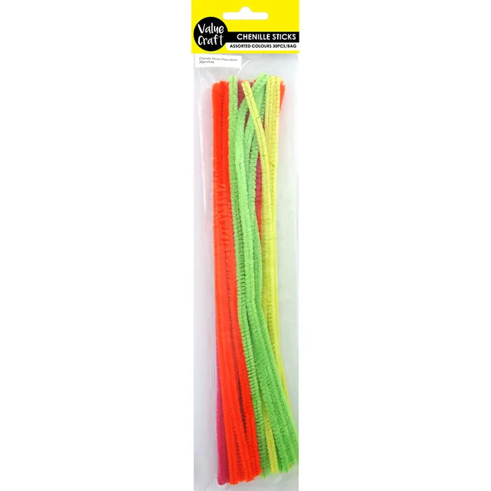 Value Craft Chenille Sticks Assorted Fluoro Colours Pk60