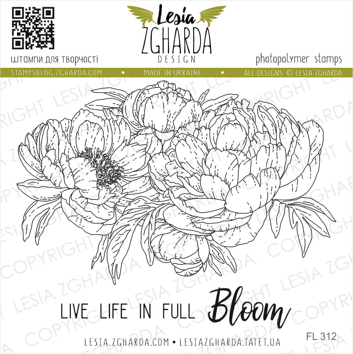 Lesia Zgharda Stamp Set Peonies in the envelope with sentiments