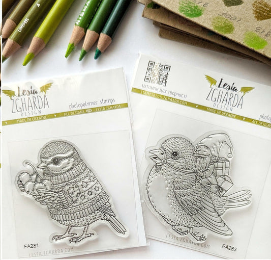 Lesia Zgharda Elf Riding Sparrow with Gifts Clear Stamp Set