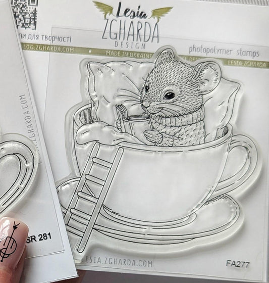 Lesia Zgharda Bookworm Mouse in a Cup Clear Stamp Set