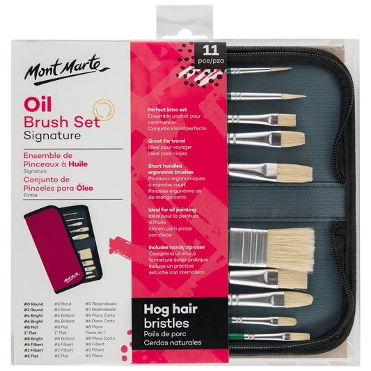 Mont Marte Signature Paint Brush Set - Oil Hog Bristle In Wallet 11pc