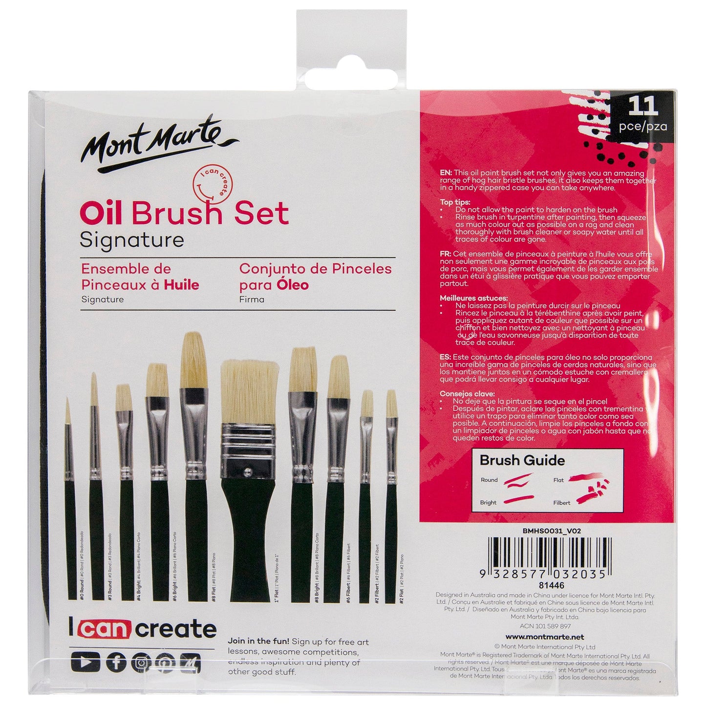 Mont Marte Signature Paint Brush Set - Oil Hog Bristle In Wallet 11pc