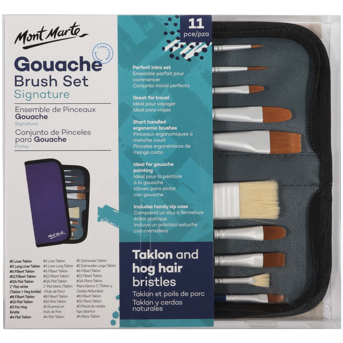 Mont Marte Signature Paint Brush Set - Gouache Mixed Bristle In Wallet 11pc