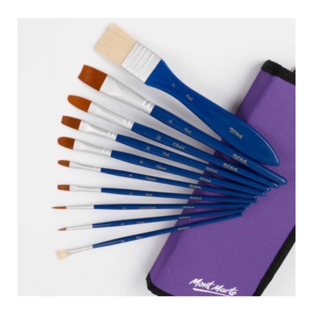Mont Marte Signature Paint Brush Set - Gouache Mixed Bristle In Wallet 11pc