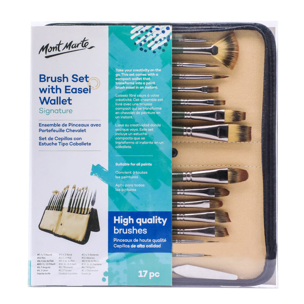 Mont Marte Signature Paint Brush Set - Artist Brushes In Easel Wallet 17pc