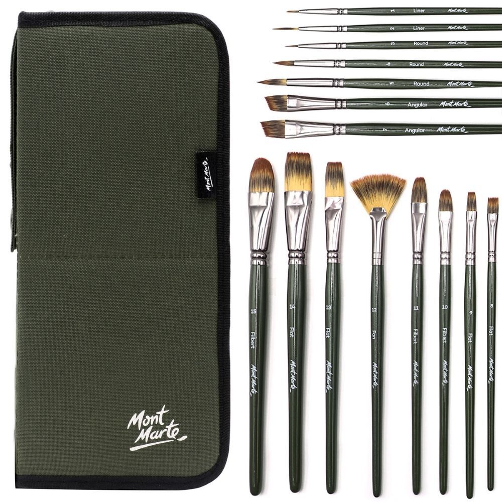 Mont Marte Signature Paint Brush Set - Artist Brushes In Easel Wallet 17pc