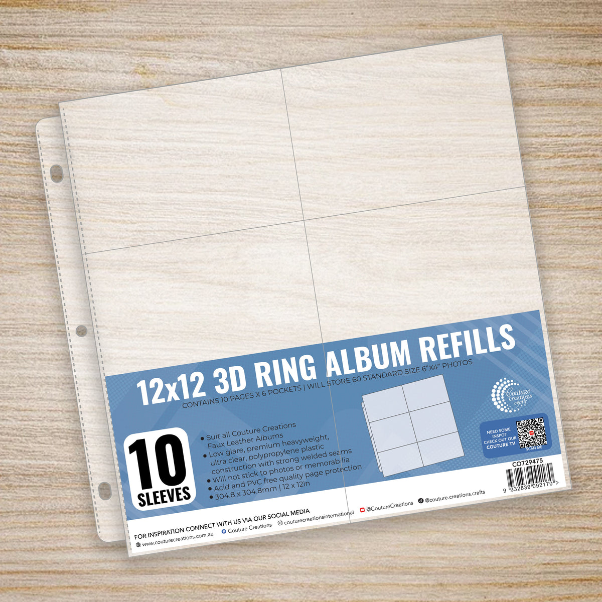 CC 3D Ring Album Refills - 12x12- 6x4in Pockets Pk10