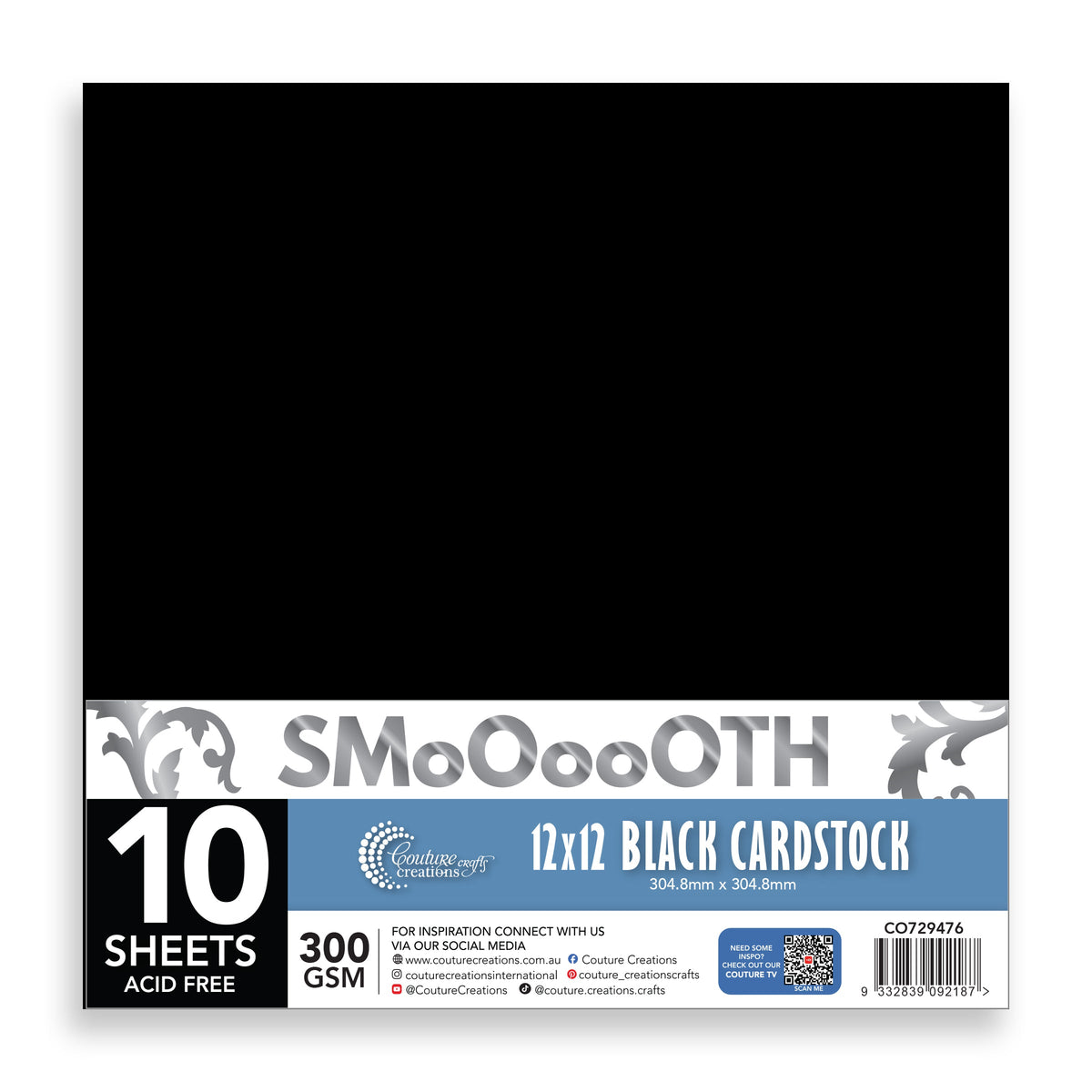 CC 12x12in BLACK Smooth Cardstock - 300gsm - 10 sheets