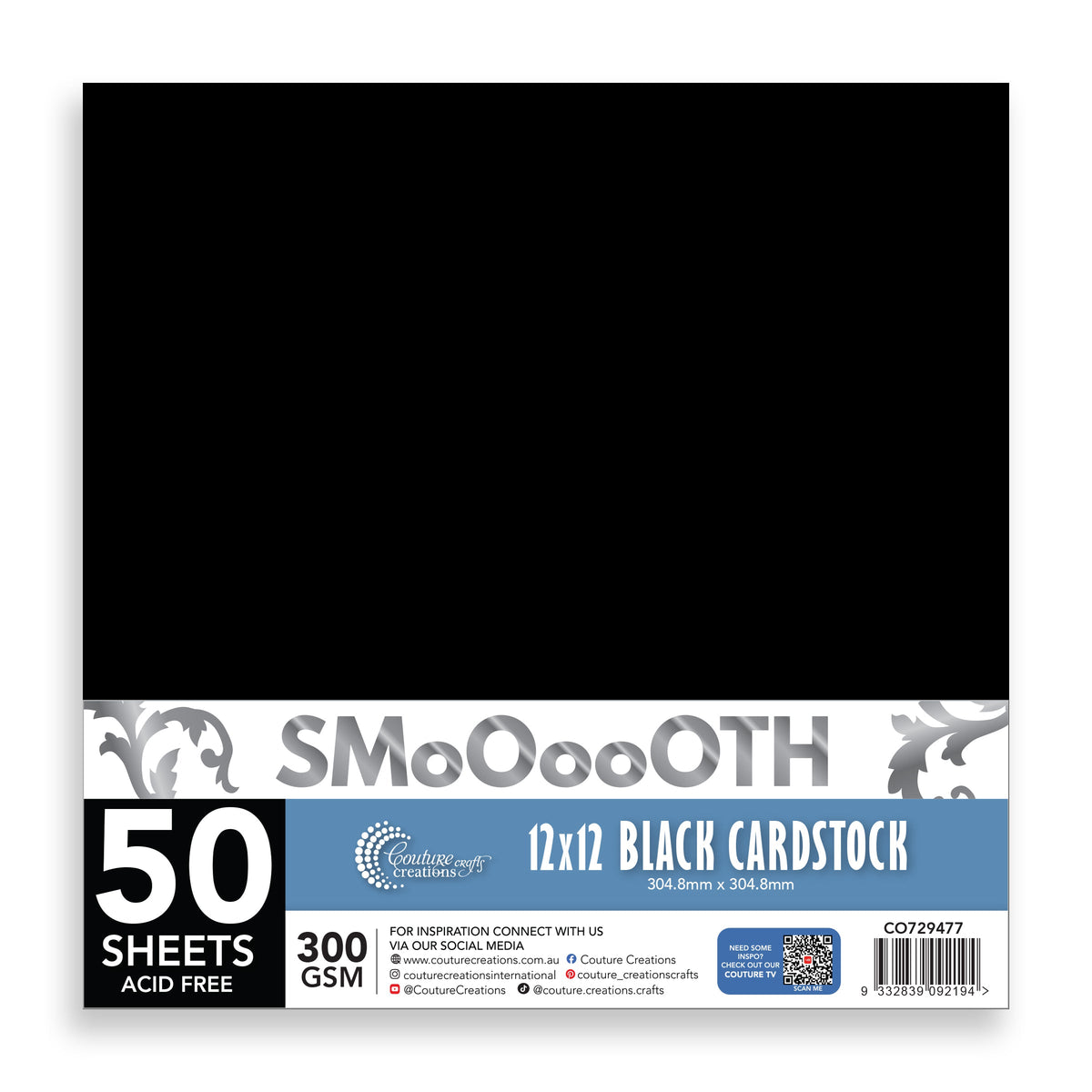 CC 12x12in BLACK Smooth Cardstock - 300gsm - 50 sheets