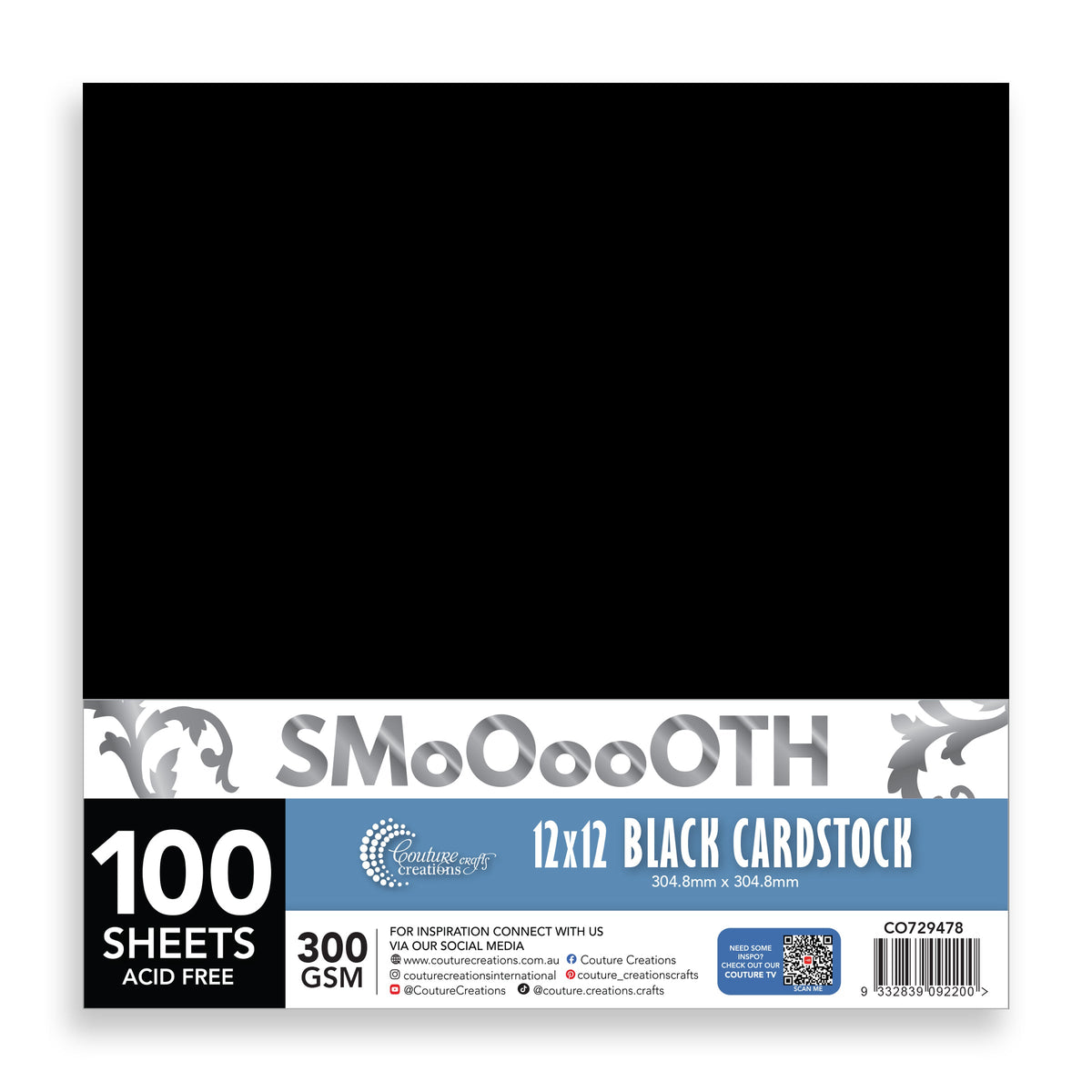 CC 12x12in BLACK Smooth Cardstock - 300gsm - 100 sheets