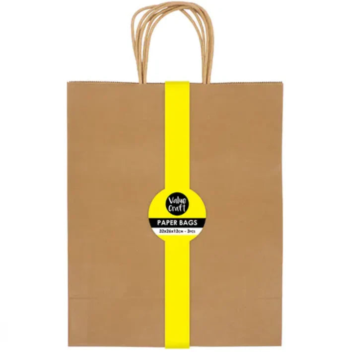 Value Craft Medium Paper Bags 32x26cmx12cm Natural Pk3