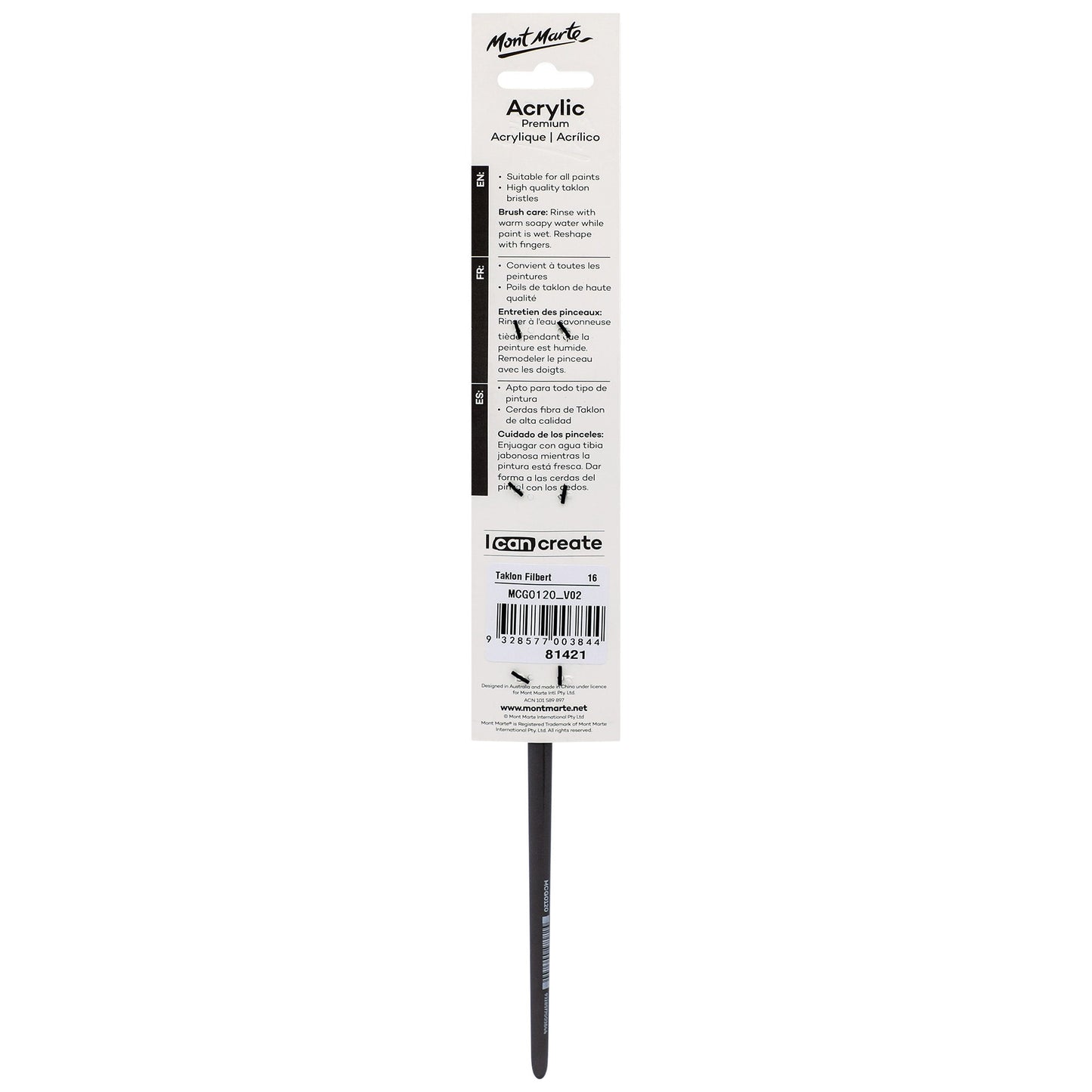 Mont Marte Artist Brush Acrylic Taklon Filbert 16