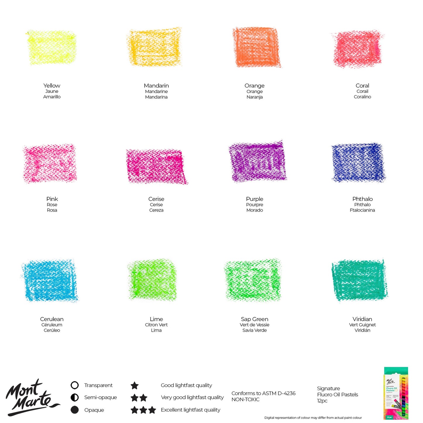 Mont Marte Watersoluble Fluoro Oil Pastels 12pc