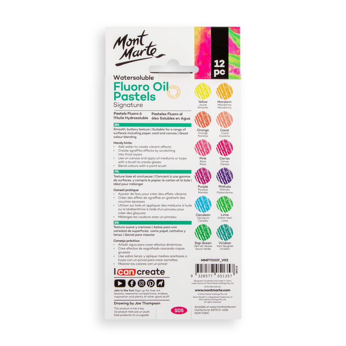 Mont Marte Watersoluble Fluoro Oil Pastels 12pc