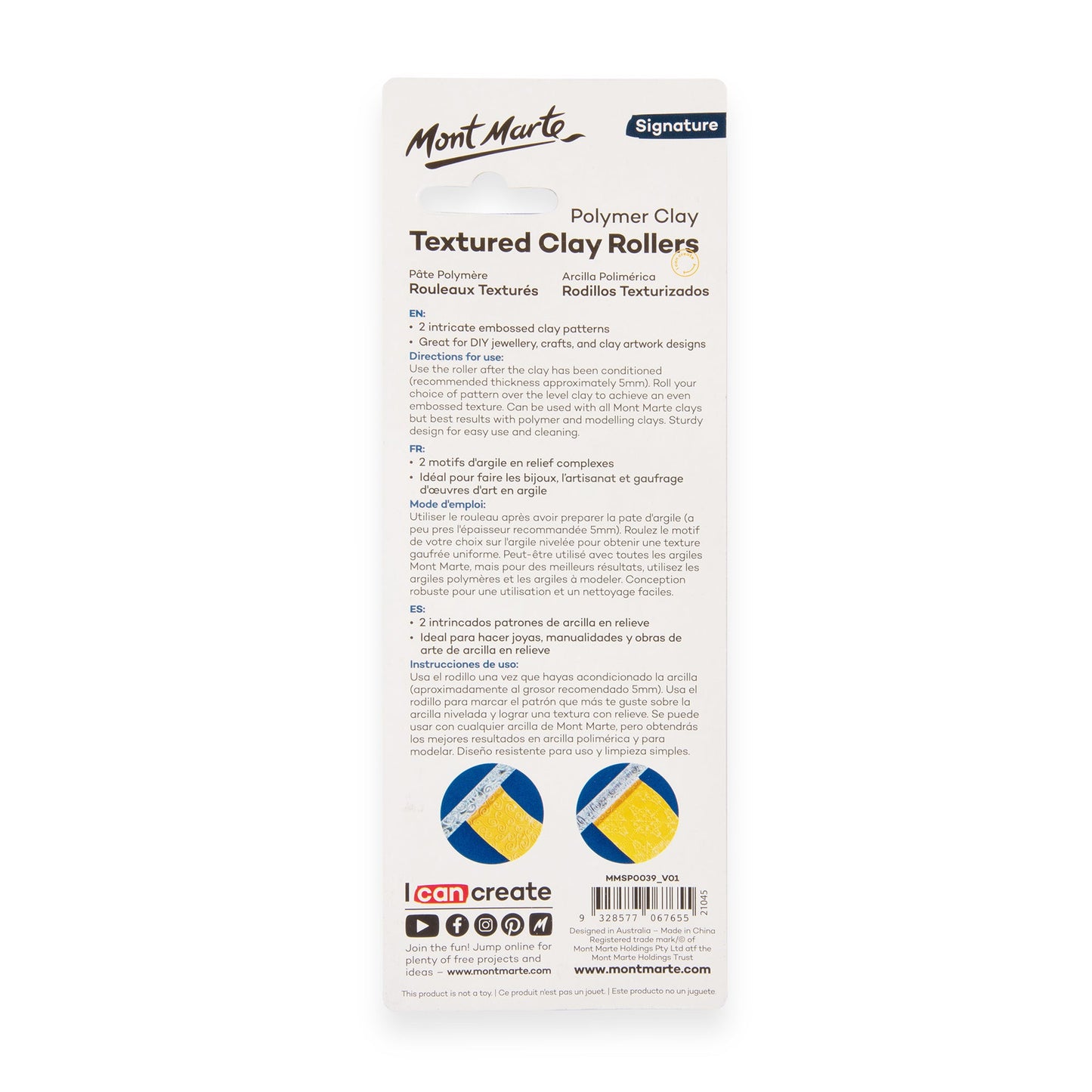 Mont Marte Polymer Clay Textured Acrylic Clay Rollers 2pc