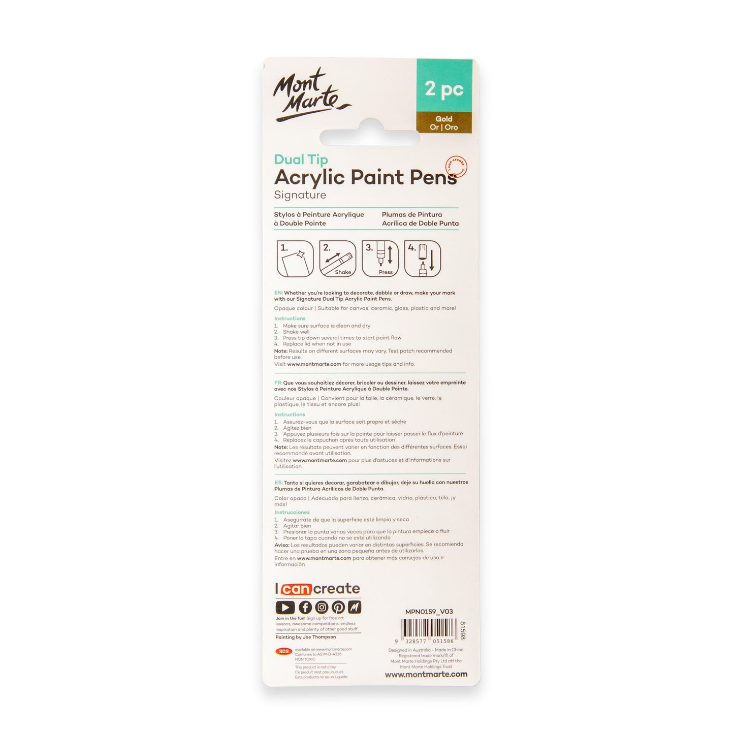 Mont Marte Acrylic Paint Pens Dual Tip Gold 2pc