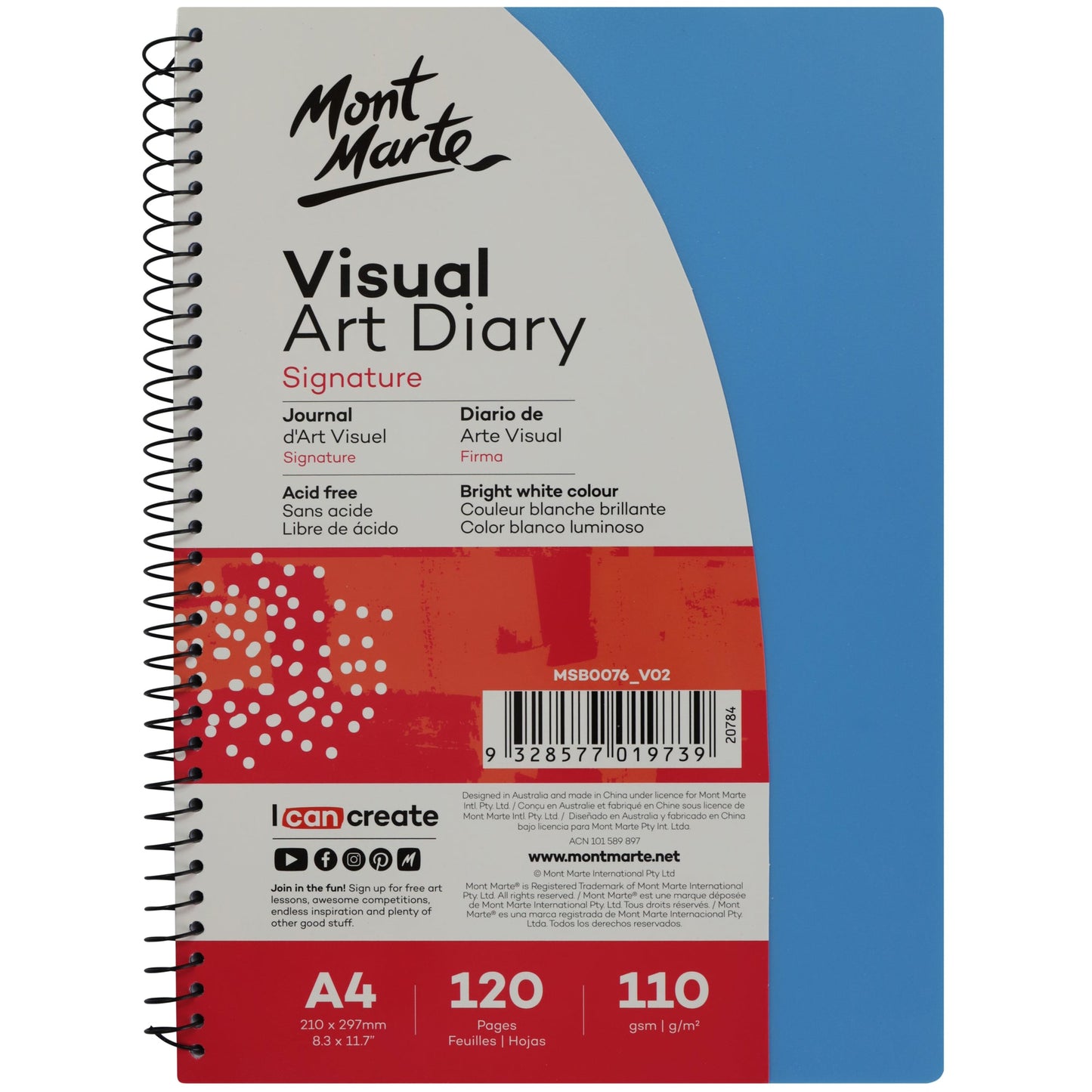 Mont Marte Visual Art Diary Colour Cover White Paper A4 110gsm 120 Pages