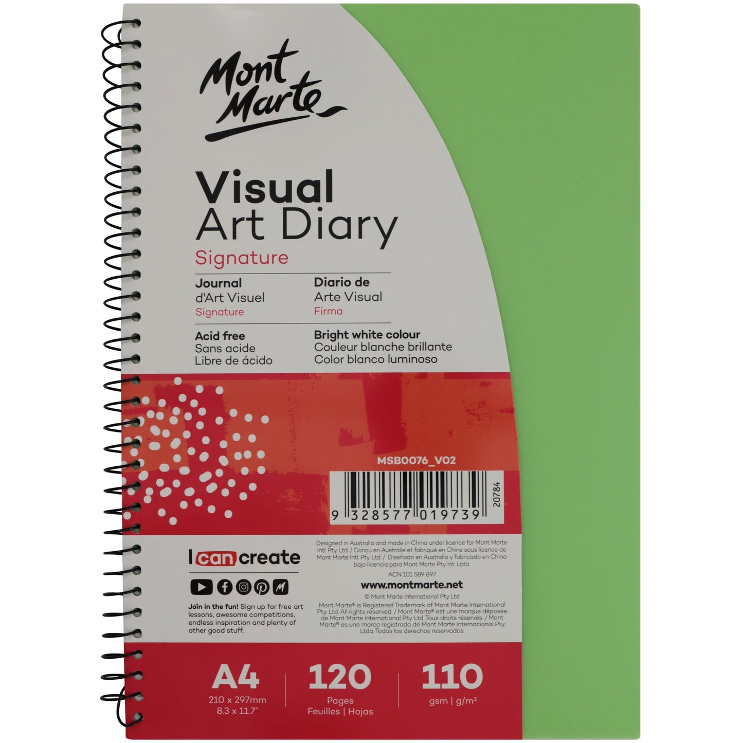 Mont Marte Visual Art Diary Colour Cover White Paper A4 110gsm 120 Pages