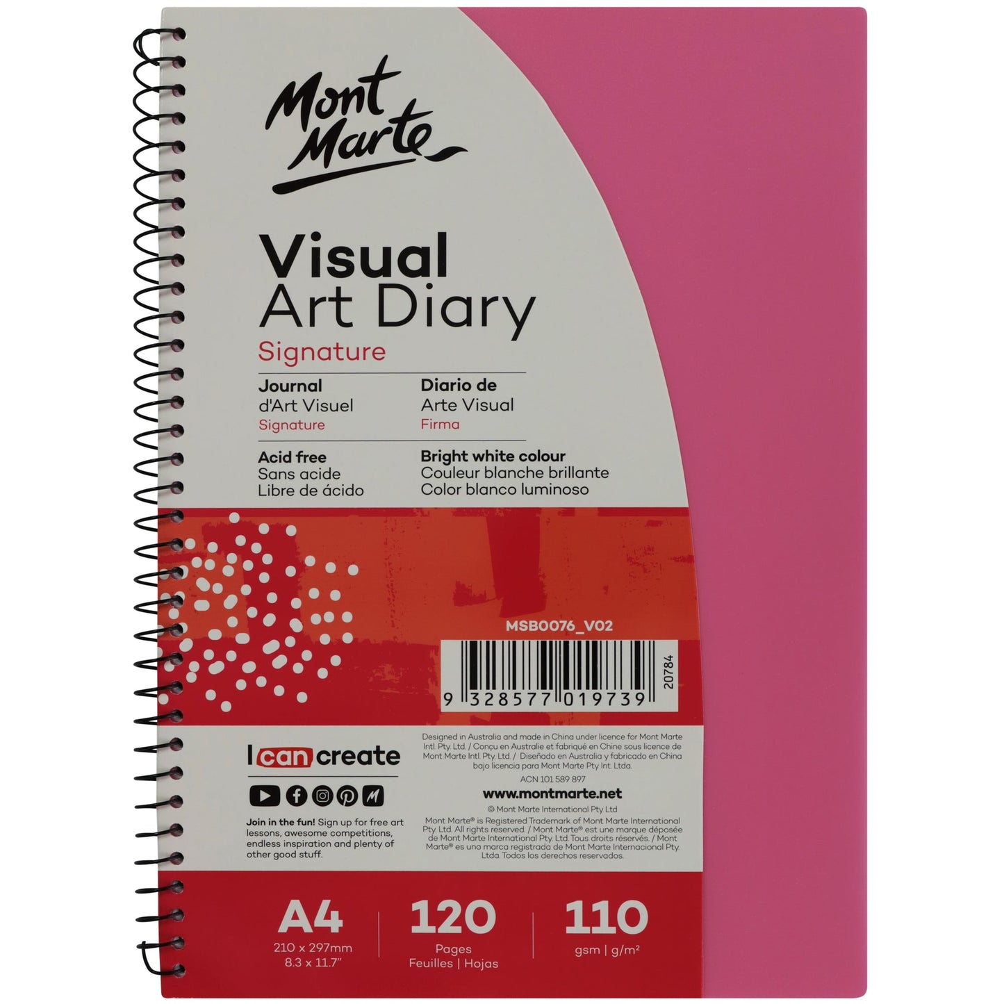 Mont Marte Visual Art Diary Colour Cover White Paper A4 110gsm 120 Pages