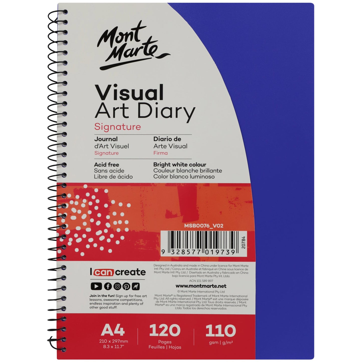 Mont Marte Visual Art Diary Colour Cover White Paper A4 110gsm 120 Pages