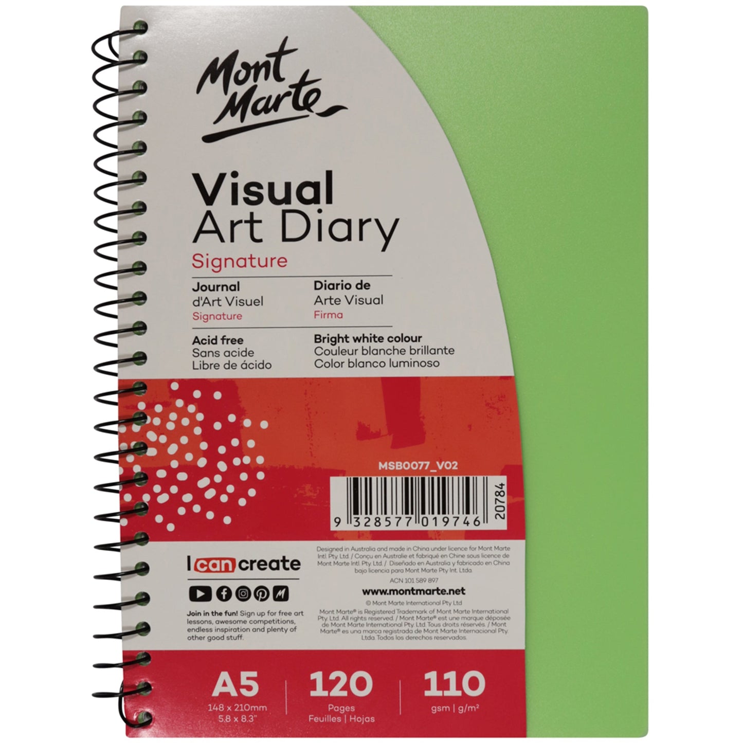 Mont Marte Visual Art Diary Colour Cover White Paper A5 110gsm 120 Pages