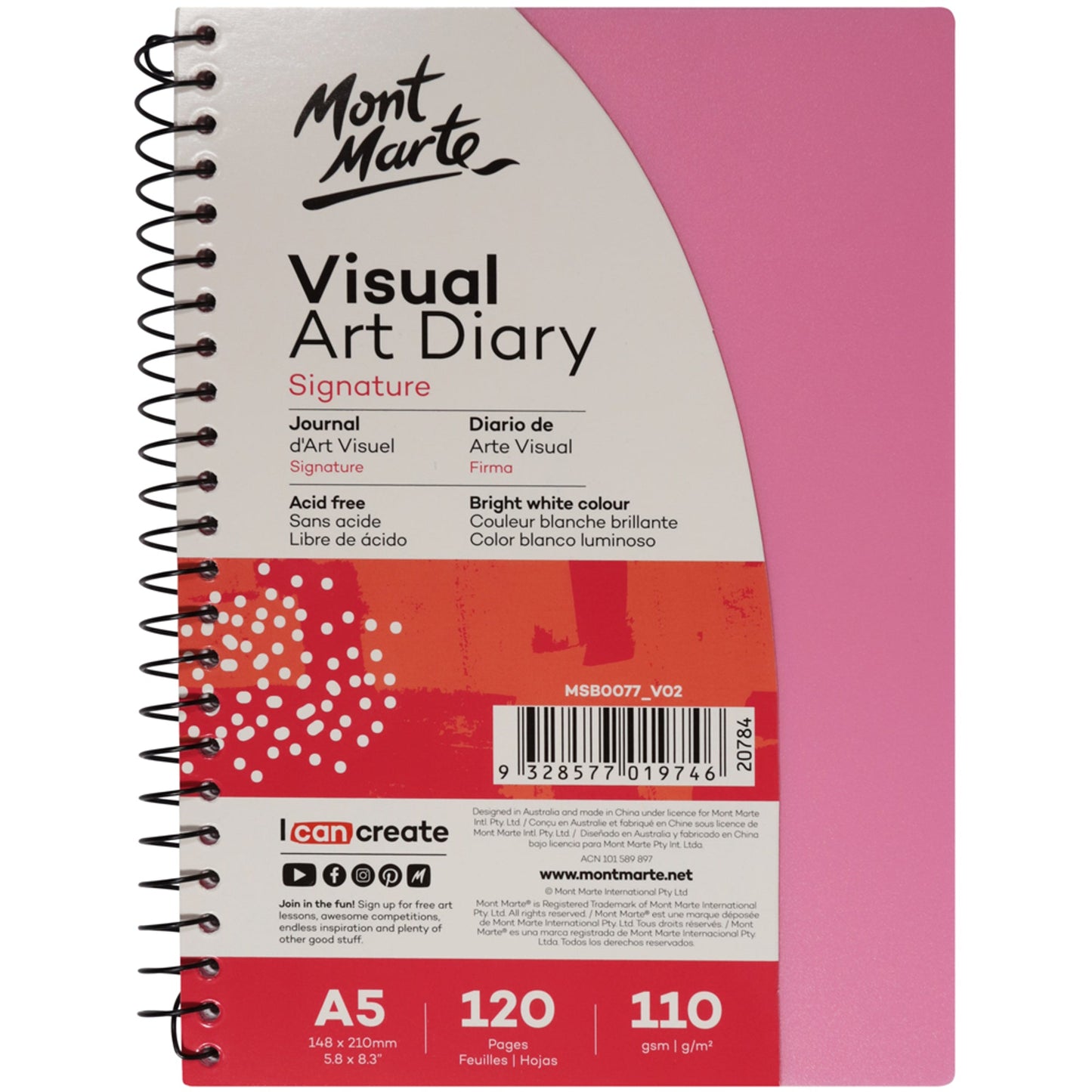 Mont Marte Visual Art Diary Colour Cover White Paper A5 110gsm 120 Pages