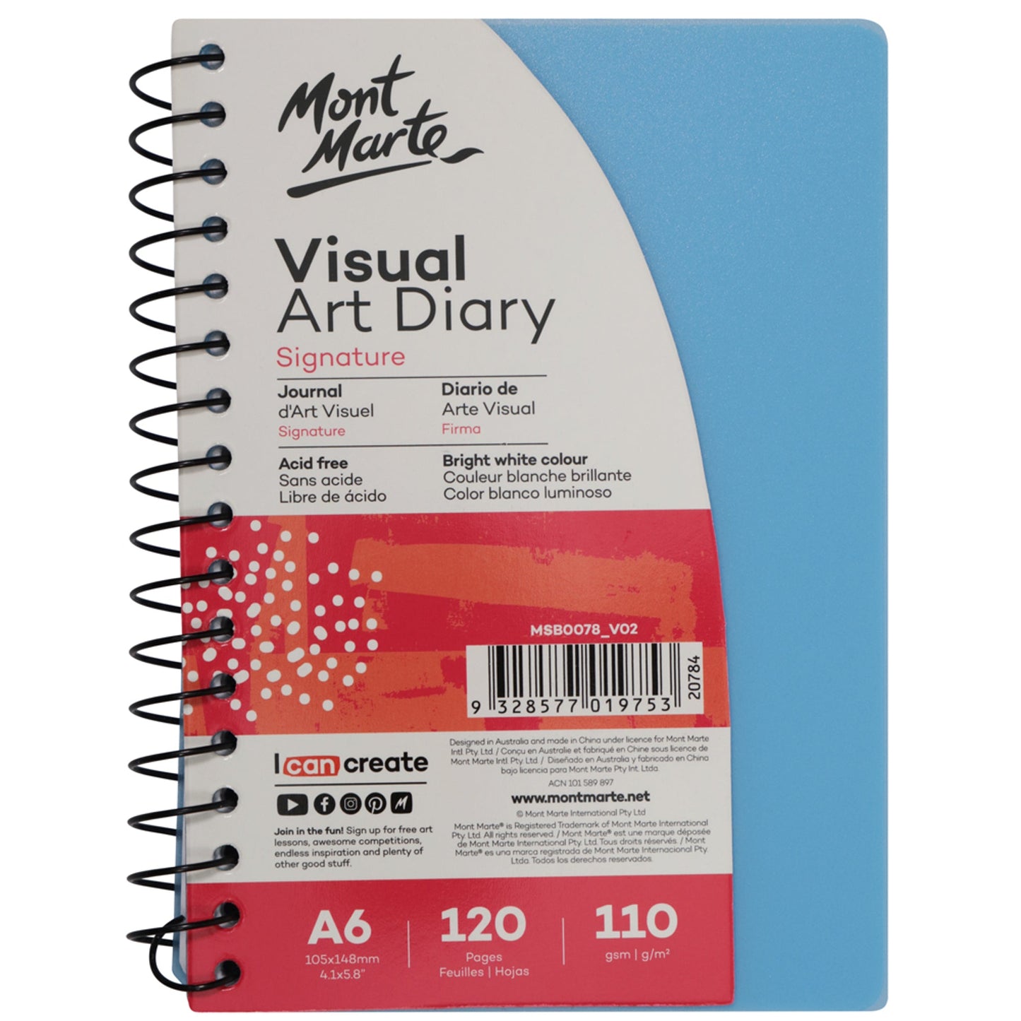 Mont Marte Visual Art Diary Colour Cover White Paper A6 110gsm 120 Pages