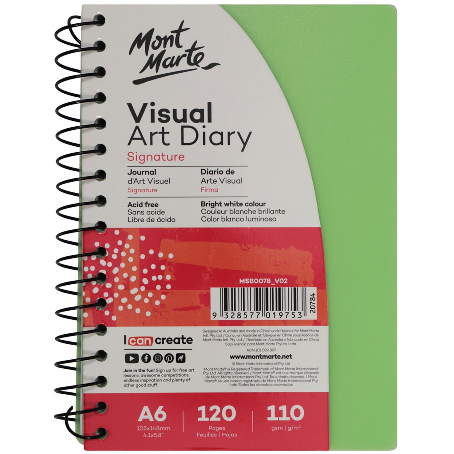 Mont Marte Visual Art Diary Colour Cover White Paper A6 110gsm 120 Pages
