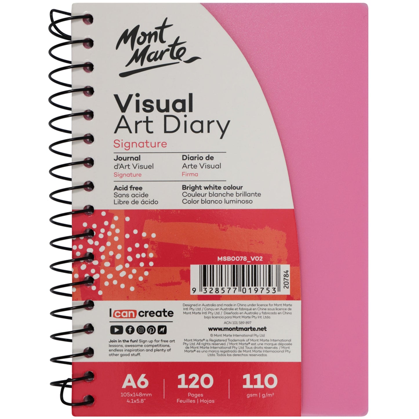 Mont Marte Visual Art Diary Colour Cover White Paper A6 110gsm 120 Pages