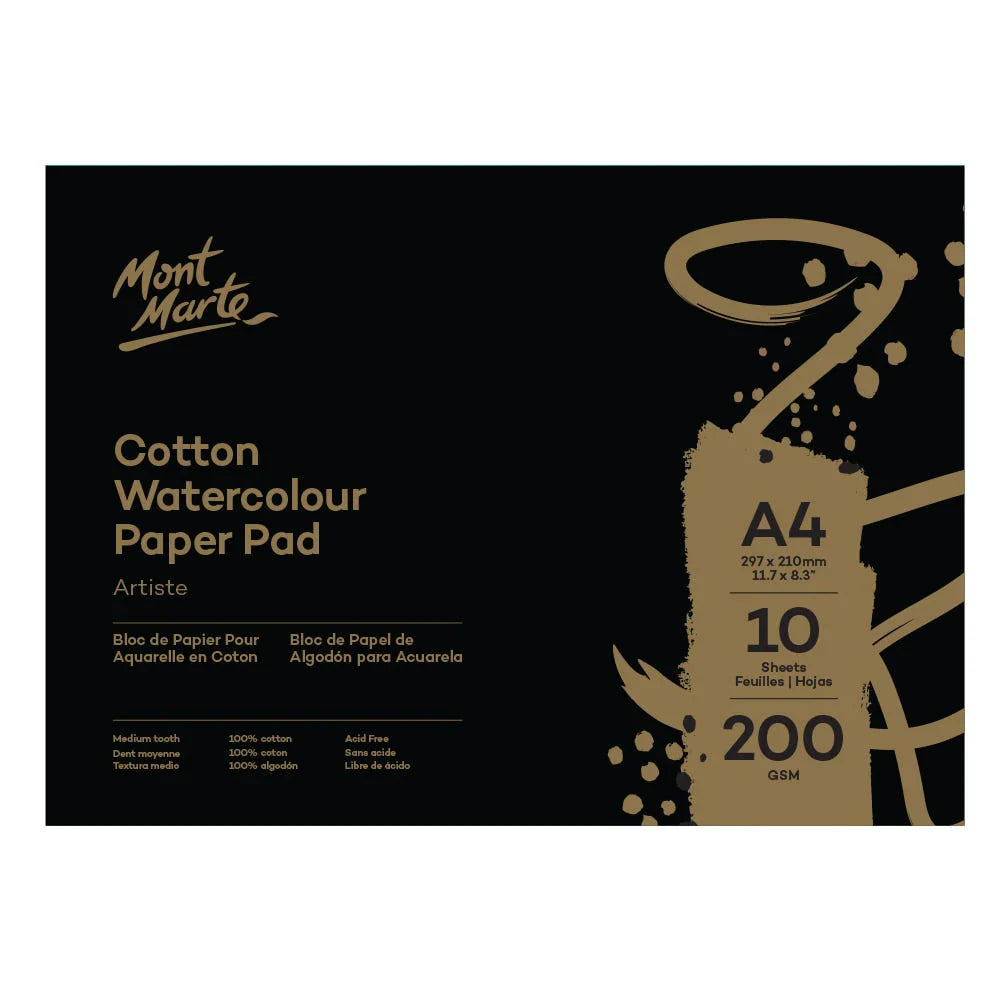 Mont Marte Artiste Watercolour Pad 100% Cotton A4 200gsm 10 Sheet