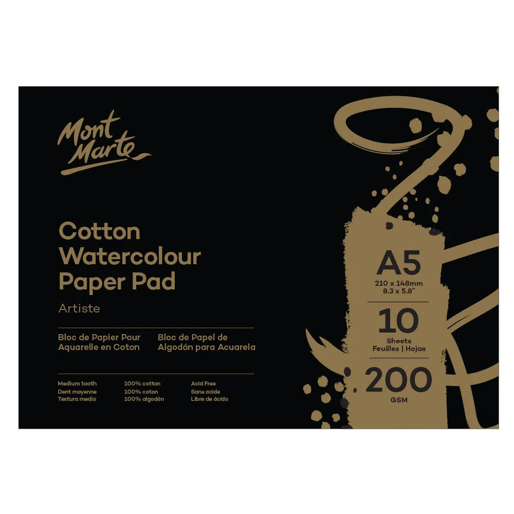 Mont Marte Artiste Watercolour Pad 100% Cotton A5 200gsm 10 Sheet