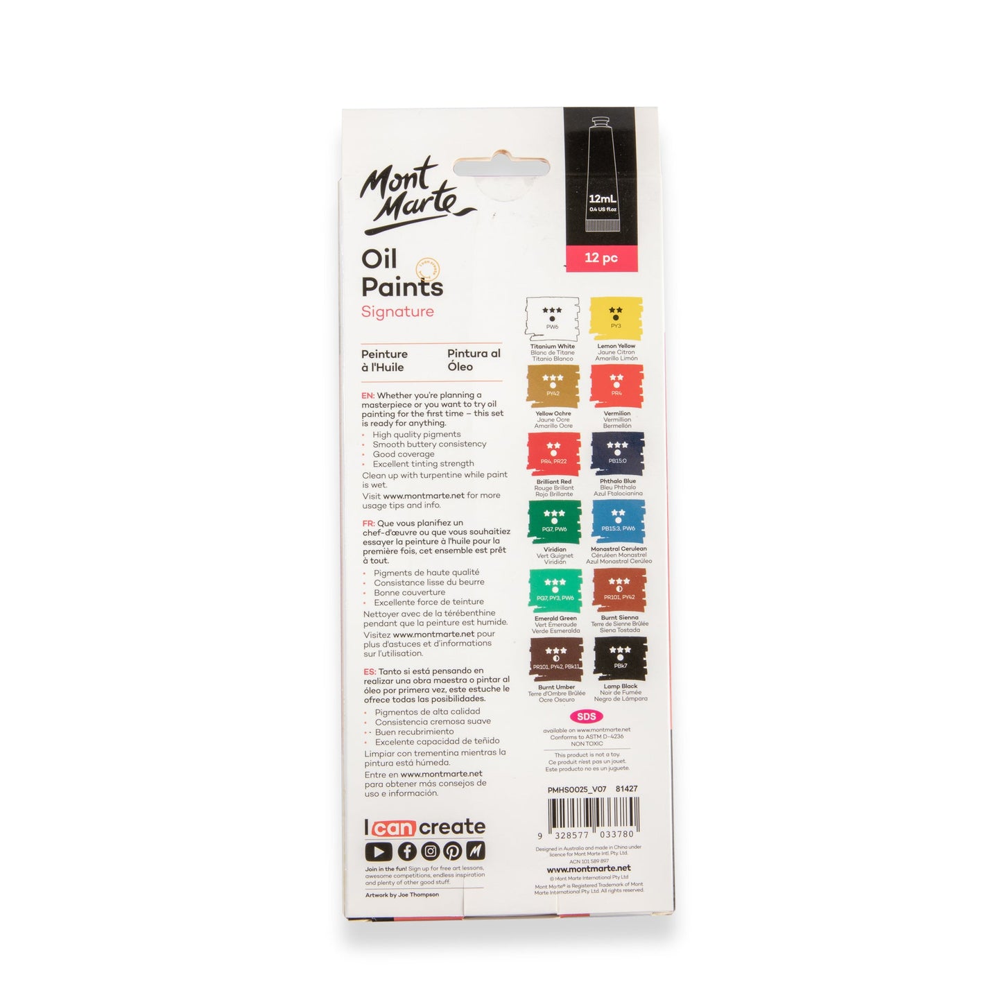 Mont Marte Oil Paints 12pc x 12ml