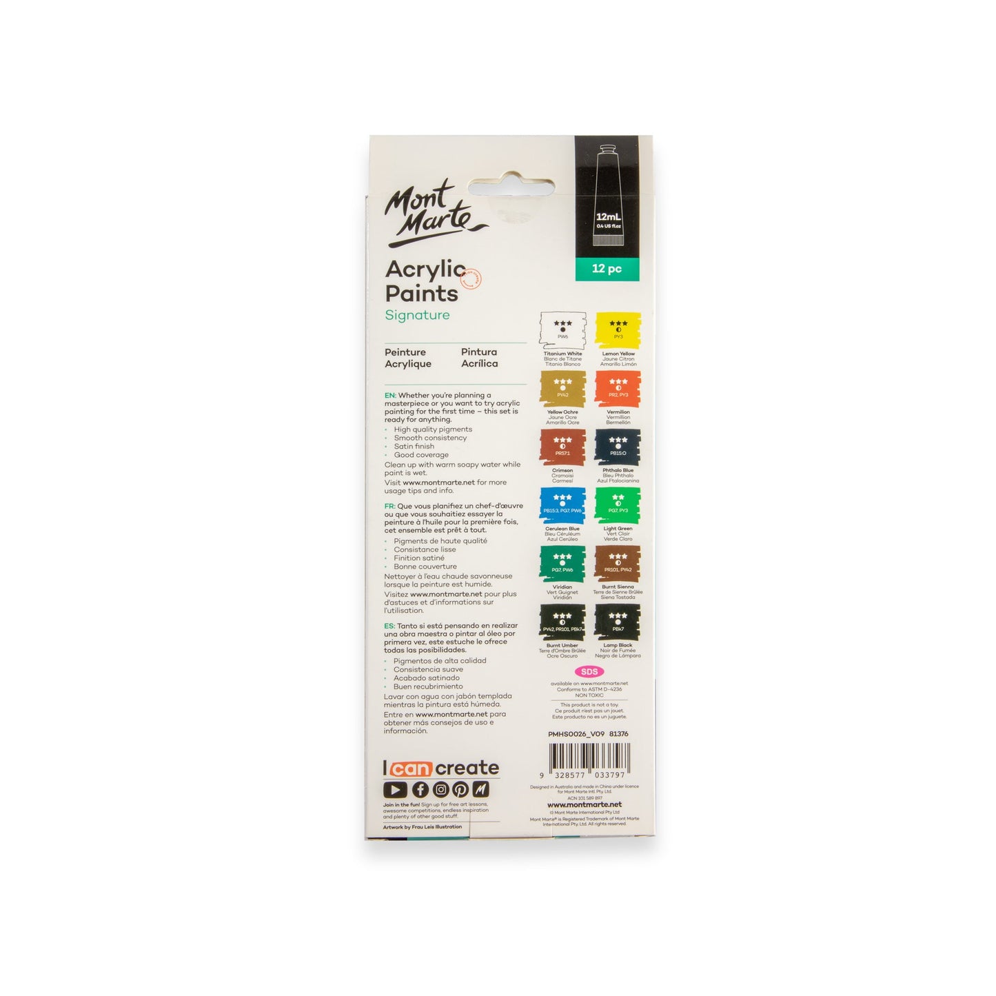 Mont Marte Acrylic Paints 12pc x 12ml