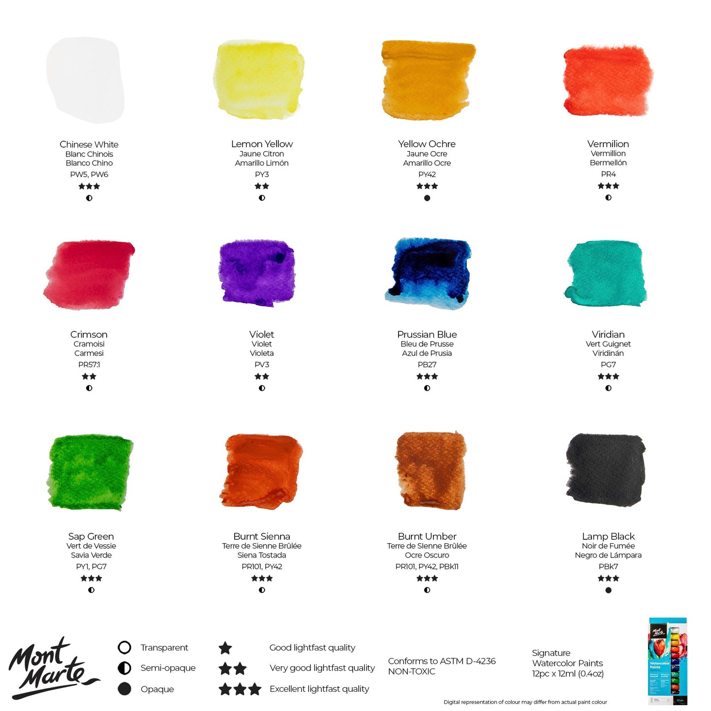 Mont Marte Watercolour Paints 12pc x 12ml