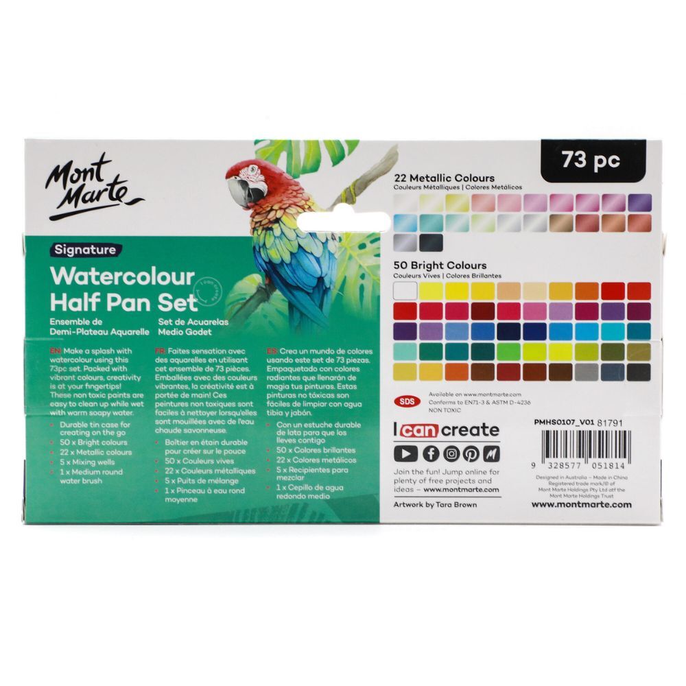 Mont Marte Watercolour Half Pan Set 73pc in Tin
