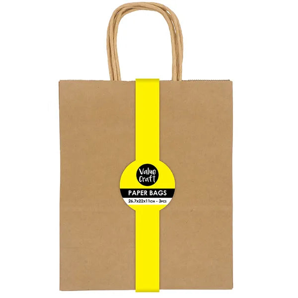 Value Craft Small Paper Bags 26.7x22cmx11cm Natural Pk3