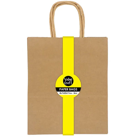 Value Craft Small Paper Bags 26.7x22cmx11cm Natural Pk3