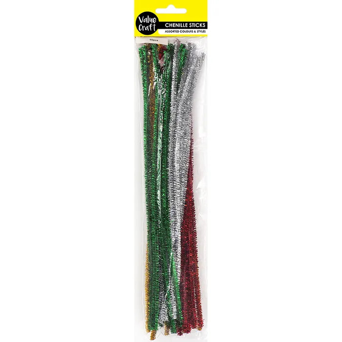 Value Craft Chenille Sticks Assorted Glitters Pk50