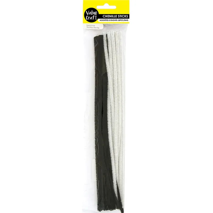 Value Craft Chenille Sticks Black & White Pk60
