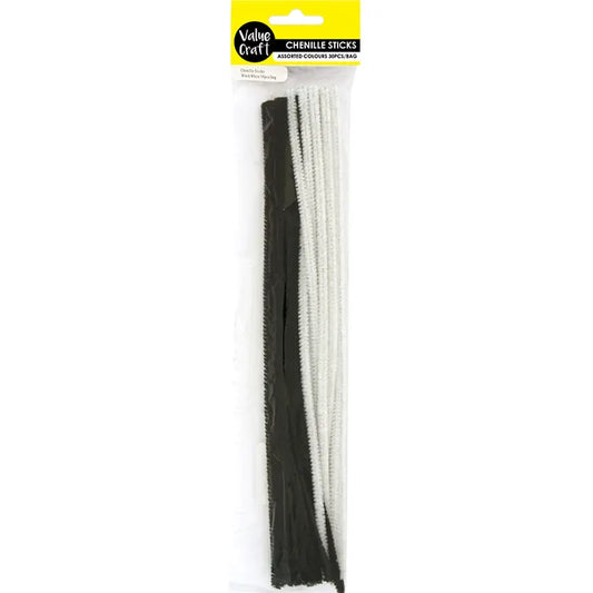 Value Craft Chenille Sticks Black & White Pk60