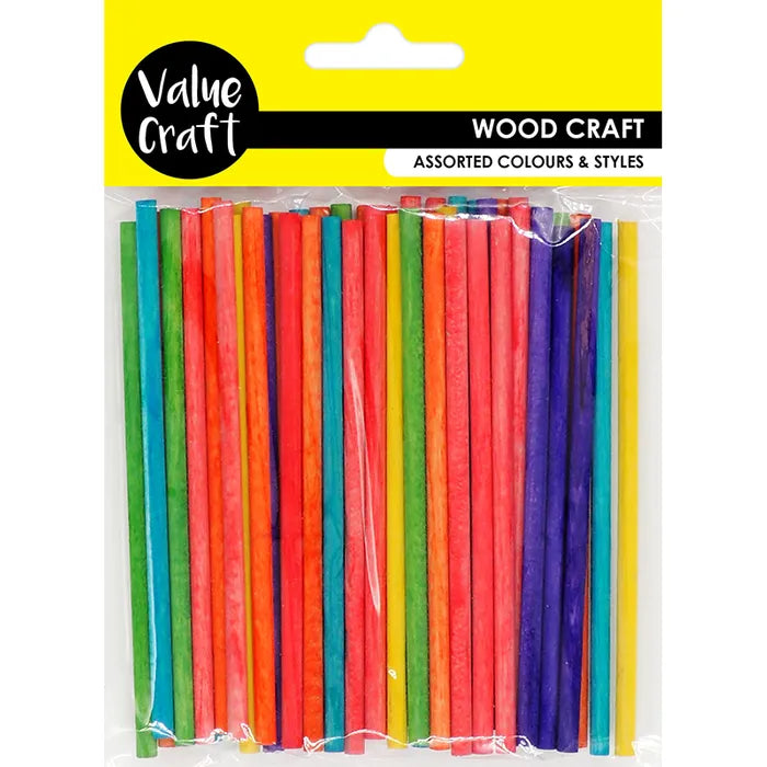 Value Craft Mini Wood Dowels Coloured 10cm Pk50