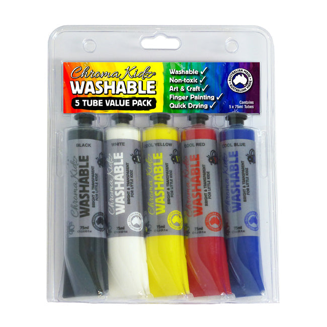 Chroma Kidz Washable Acrylic Paint 5x75ml Tubes Classic Colours